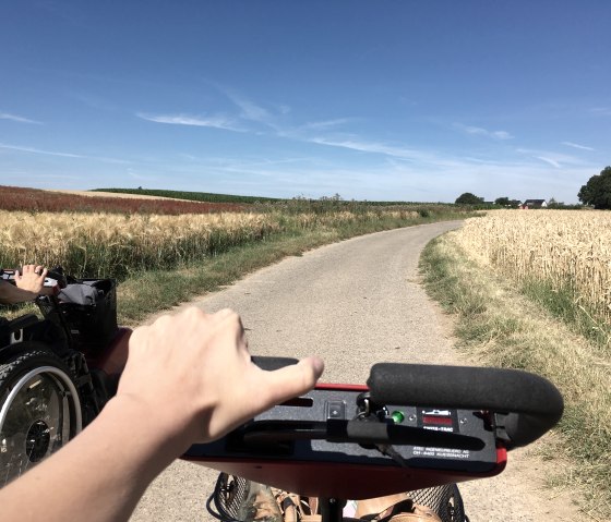 A person drives a Swiss Trac on a rural road, surrounded by golden and green fields under a clear blue sky., © TI Bitburger Land A person drives a Swiss Trac on a rural road, surrounded by golden and green fields under a clear blue sky., © TI Bitburger Land