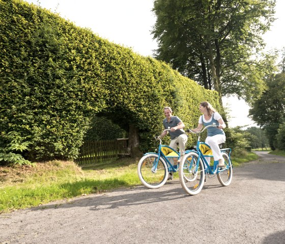 Zwei Personen radeln auf blauen Fahrrädern entlang einer haushohen Buchenhecke bei Monschau-Kalterherberg. Die Sonne scheint, und der Weg ist asphaltiert., © vennbahn.eu Zwei Personen radeln auf blauen Fahrrädern entlang einer haushohen Buchenhecke bei Monschau-Kalterherberg. Die Sonne scheint, und der Weg ist asphaltiert., © vennbahn.eu