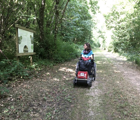 A woman with a Swiss-Trac is driving along a forest path on a nature trail. On the left is an information sign surrounded by dense greenery., © TI Bitburger Land
