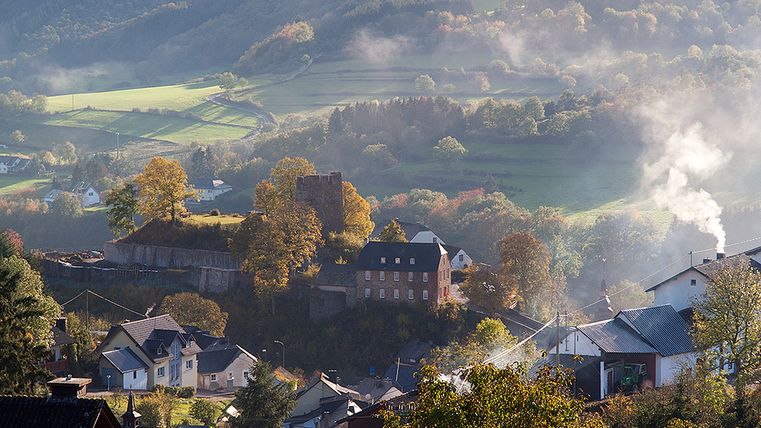 Blick auf das Dorf Dasburg mit Burg und herbstlicher Landschaft.