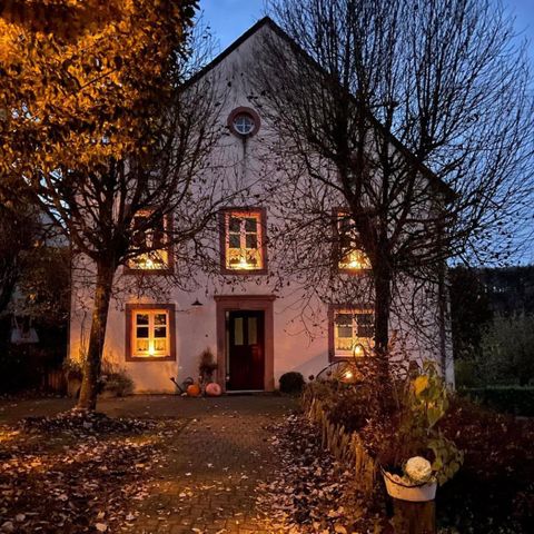 A charming house with warmly lit windows, surrounded by snow-covered foliage. The trees stand bare in the evening light.