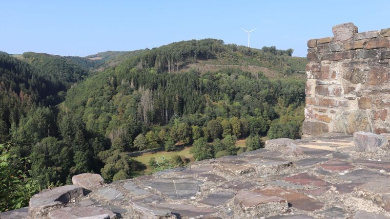 Eine Aussicht von einer alten Ruine auf grüne Hügel und Wälder. Im Hintergrund sind Windräder zu sehen.