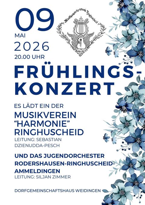 Ein Plakat für ein Frühlingskonzert mit blauen Blumenmotiven. Es zeigt Datum, Uhrzeit und Informationen über die teilnehmenden Musikvereine.