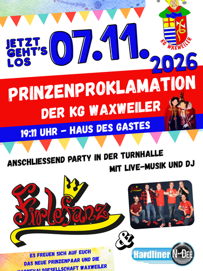 Ein farbenfrohes Plakat für die Prinzenproklamation am 21.11.2025. Es gibt eine Party in der Turnhalle mit Live-Musik und DJ, Eintritt 8 Euro.