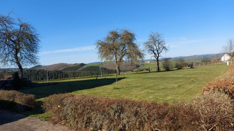 Een uitgestrekt landschap met sappig groen en enkele bomen. De lucht is helder en blauw, wat zorgt voor een zonnige sfeer.