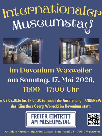 Ein Plakat zum Internationalen Museumstag im Devonium Waxweiler. Es informiert über die Veranstaltung am 18. Mai 2025 mit kostenlosem Eintritt und Führungen.
