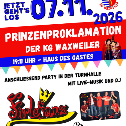 Een kleurrijke poster voor de prinsenproclamatie op 21-11-2025. Er is een feest in de gymzaal met live muziek en een DJ, entree 8 euro.