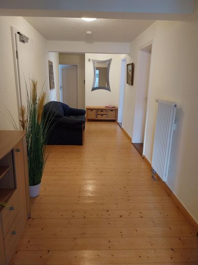 Ein heller Flur mit Holzboden und einem blauen Sofa. An der Wand hängt ein Spiegel, und es gibt eine Pflanze in der Ecke.