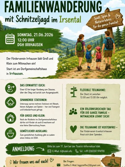 Eine Einladung zu einer Familienwanderung mit Schnitzeljagd im Irsental. Die Veranstaltung findet am Sonntag, den 21. Juni 2026, um 12:00 Uhr statt.