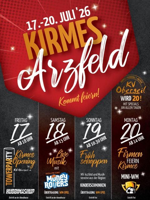 Ein farbenfrohes Plakat für die Kirmes in Arzfeld, die vom 18. bis 21. Juli 2025 stattfindet. Es zeigt Informationen zu Veranstaltungen und Aktivitäten an den jeweiligen Tagen.