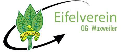 Ein Logo des Eifelvereins mit stilisierten grünen Blättern und einem gelben Schriftzug. Der Schriftzug zeigt "Eifelverein OG Waxweiler".