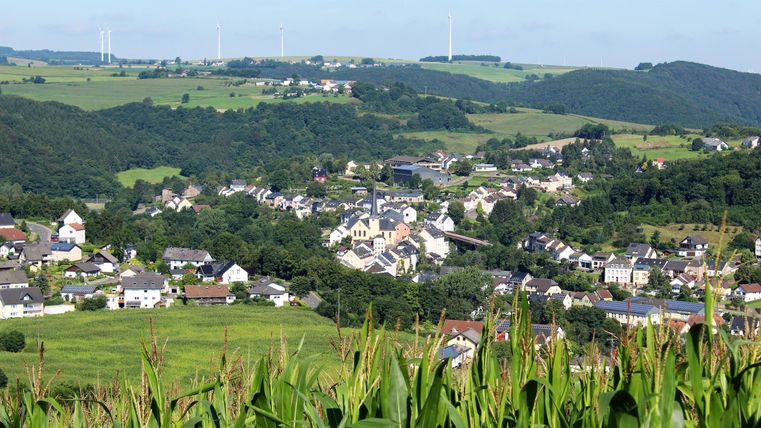Eine idyllische Landschaft mit einem kleinen Dorf, umgeben von grünen Feldern und Hügeln. Der Himmel ist klar und sonnig.