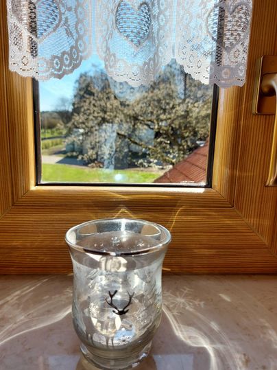 Een mooi uitzicht vanuit een raam met een glas en doorschijnende stenen. Buiten zie je de tuin met bomen en veel groen.