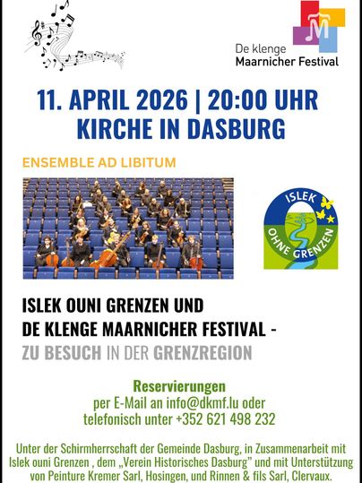 Ein Plakat für das Konzert "De klenge Maarnicher Festival" am 10. Mai 2025 in der Kirche in Dasburg. Es zeigt das Ensemble Ad Libitum und enthält Informationen zur Reservierung und Veranstaltung.