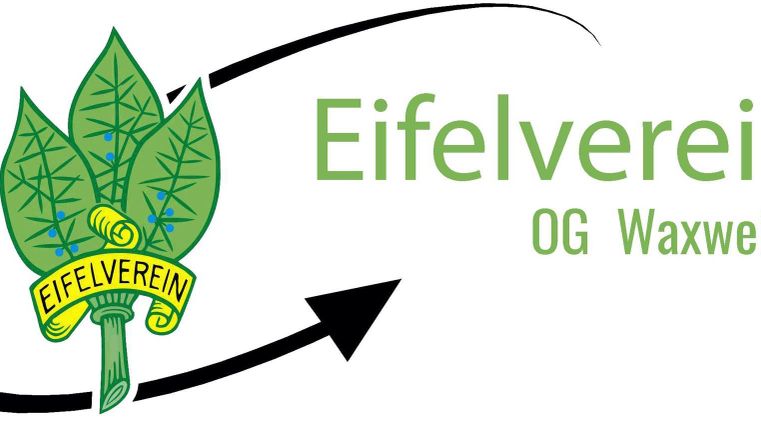 Ein Logo des Eifelvereins mit stilisierten grünen Blättern und einem gelben Schriftzug. Der Schriftzug zeigt "Eifelverein OG Waxweiler".