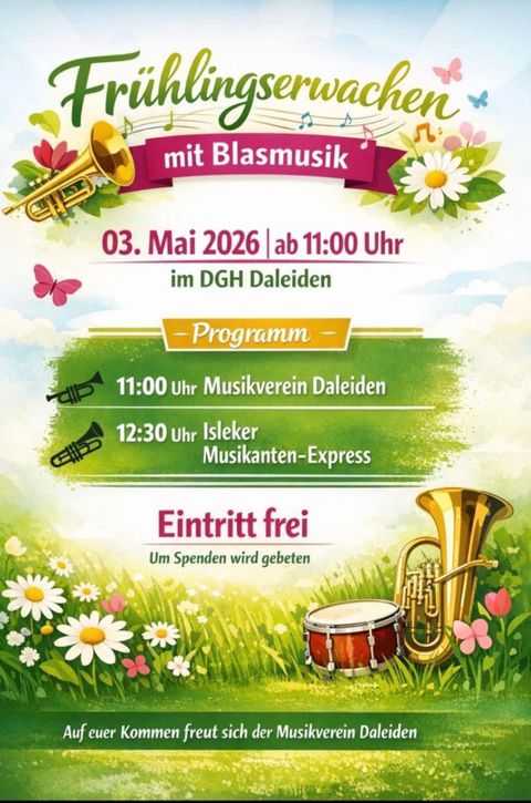 Einladung zum Neujahrskonzert des Musikvereins Daleiden. Das Konzert findet am Mittwoch, den 01. Januar, um 19.00 Uhr in der Pfarrkirche St. Matthäus statt.