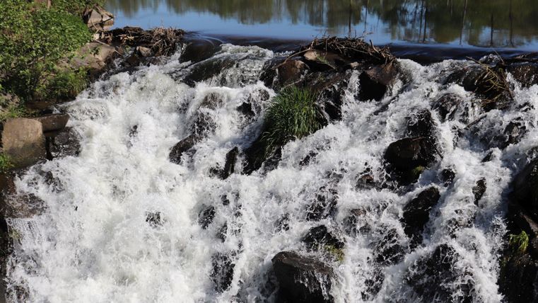 Ein plätschernder Wasserfall stürzt über mit Moos bewachsene Steine. Im Hintergrund spiegeln sich Bäume im ruhigen Wasser.