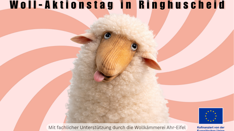 Een vrolijk schaap met een grappige gezichtsausdruk voor een kleurrijke, golvende achtergrond. De afbeelding is voor de Wol Actiedag in Ringhuscheid.