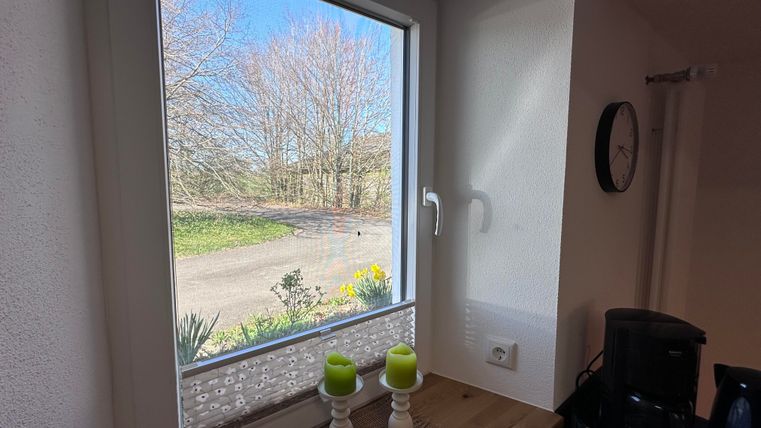 A bright window with a view of a garden and a clear blue sky. On the windowsill, there are two candles and a clock on the wall.