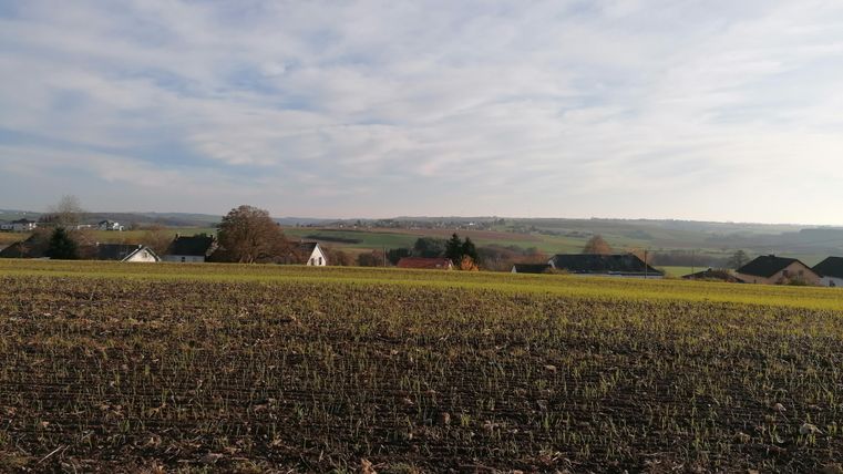 Un vaste paysage avec un champ au premier plan et des collines à l'arrière-plan. Quelques maisons sont visibles au loin sous un ciel nuageux.