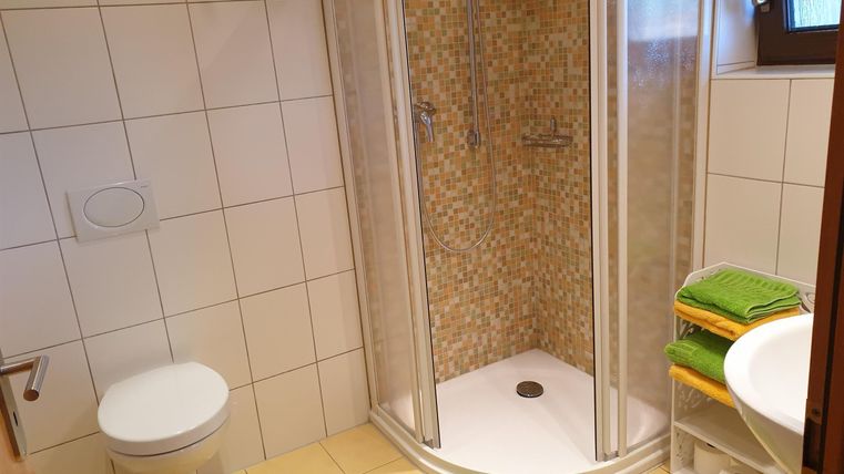 Ein modernes Badezimmer mit einer Dusche und einem WC. Es gibt grüne Handtücher und einen Teppich auf dem Boden.