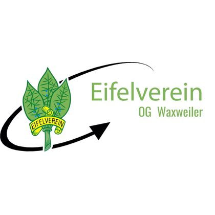 Ein Logo des Eifelvereins mit stilisierten Blättern und einem geschwungenen Pfeil. Der Text zeigt den Namen und die Ortsgruppe Waxweiler.