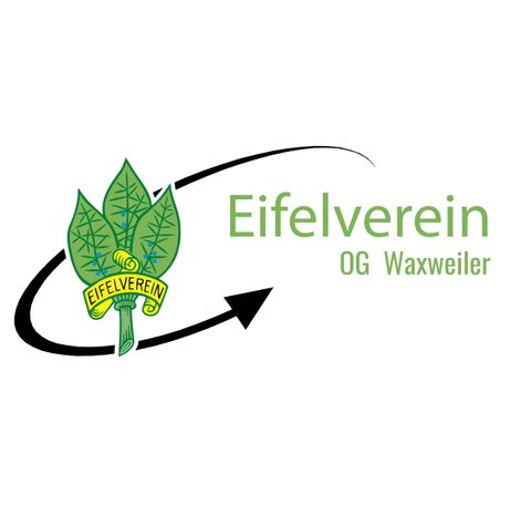 Logo van de Eifelvereniging OG Waxweiler met gestileerde bladeren en een zwarte pijl. De verenigingsnaam is in groene letters weergegeven.