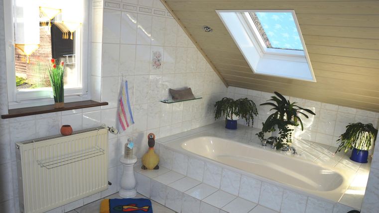 Ein gemütliches Badezimmer mit Dachfenster und einer Badewanne. Grüne Pflanzen und dekorative Elemente verleihen dem Raum eine frische Atmosphäre.