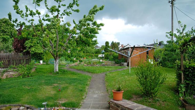 Un jardin paisible avec un chemin qui traverse la verdure. À l'arrière-plan, on peut voir des arbres et un espace à linge.