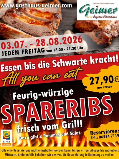 Ein Werbeplakat für das Gasthaus Geimer, das feurig-würzige Spareribs anbietet. Das All-you-can-eat-Angebot gilt freitags von 18 bis 21:30 Uhr zum Preis von 27,90 €.