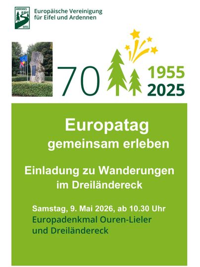 Ein einladendes Plakat zur Feier des Europatags mit Informationen zu Wanderungen im Dreiländereck. Es zeigt den Unterschied zwischen den Jahren 1955 und 2025 sowie ein Bild von einem Denkmal.