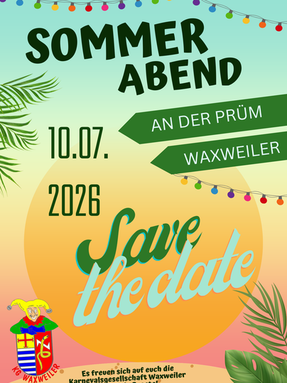 Ein Plakat für eine Sommerveranstaltung in Waxweiler mit bunten Lichtern und einem festlichen Design. Das Event findet am 11. Juli 2025 statt und bietet Livemusik, Grillstand und Unterhaltung für Kinder.