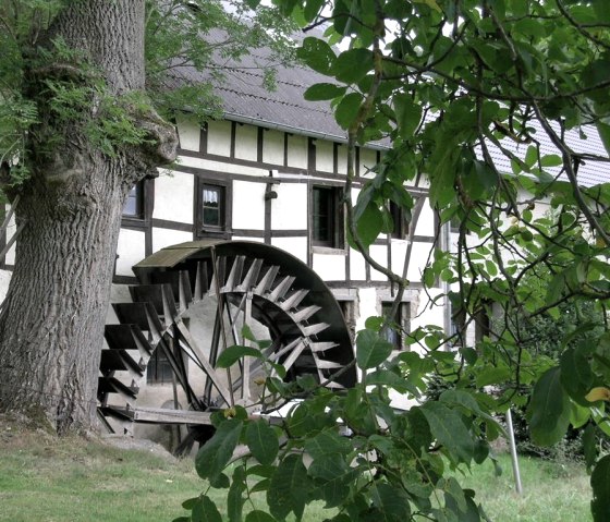 Ein Fachwerkhaus mit einem großen Wasserrad, umgeben von grünen Bäumen und einem Rasen. Das Gebäude hat ein traditionelles Aussehen., © TI Hocheifel-Nürburgring