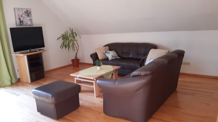 Ein gemütliches Wohnzimmer mit einem dunklen Sofa und einem Couchtisch. Im Hintergrund steht ein Fernseher und ein Pflanzengefäß.