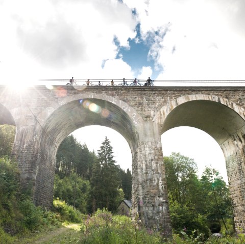 Radfahrer überqueren das Reichensteiner Viadukt der Vennbahn. Die Sonne scheint durch die Wolken, während das Viadukt über eine grüne Landschaft führt., © vennbahn.eu