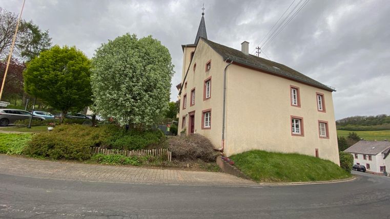 A charming two-story house on a winding road. Around the building, there are trees and a green meadow.
