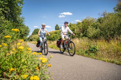 Zwei Radfahrer fahren auf einem Radweg durch eine grüne Landschaft. Die Sonne scheint und der Himmel ist blau mit wenigen Wolken.