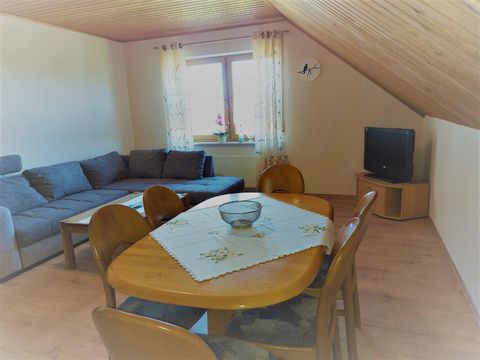 A bright living room with a cozy sofa and a dining area. There are curtains at the window, and a television is also available.