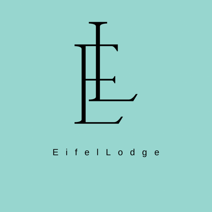 Een gestileerd logo met de letters "E" en "L" in het zwart. Daaronder staat de tekst "Eifel Lodge" in elegante letters.
