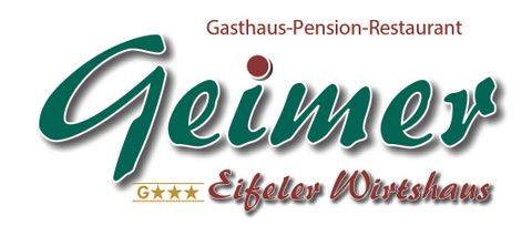 Ein Logo für das Gasthaus Geimer, das auch eine Pension und ein Restaurant ist. Unter dem Namen steht "Eifeler Wirtshaus" und es sind drei Sterne abgebildet.