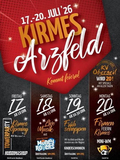 Ein farbenfrohes Plakat für die Kirmes in Arzfeld, die vom 18. bis 21. Juli 2025 stattfindet. Es zeigt Informationen zu Veranstaltungen und Aktivitäten an den jeweiligen Tagen.