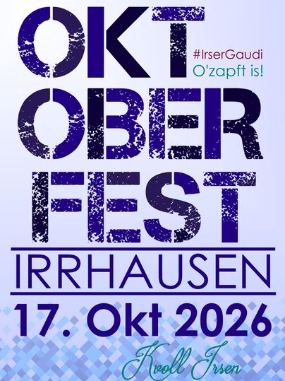 Een poster voor het Oktoberfest met informatie over een blaasmuziek evenementen in Irhausen. Het evenement vindt plaats op 18 oktober om 20.00 uur.