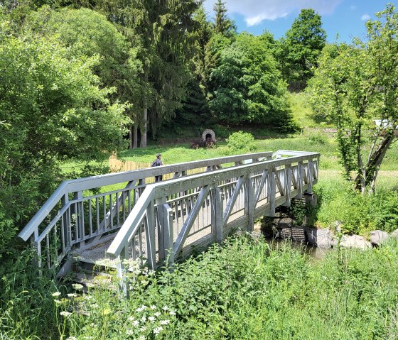Eine kleine Holzbrücke führt über einen Bach in einer grünen, bewaldeten Landschaft. Ein Spaziergänger ist im Hintergrund zu sehen., © Tourist-Information Islek, Ingrid Wirtzfeld