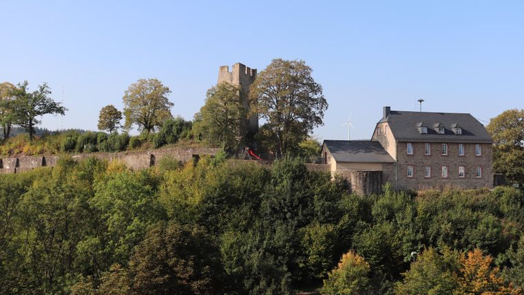 Eine alte Burg mit einem Turm und einige Bäume umgeben sie. Im Vordergrund ist ein historisches Gebäude zu sehen, das von grünem Laub umgeben ist.