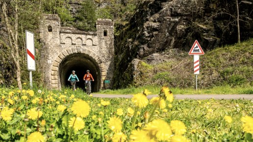 Zwei Radfahrer auf einem Weg vor einem alten Bahntunnel, umgeben von blühendem Löwenzahn und Verkehrsschildern., © Eifel Tourismus GmbH, Dominik Ketz