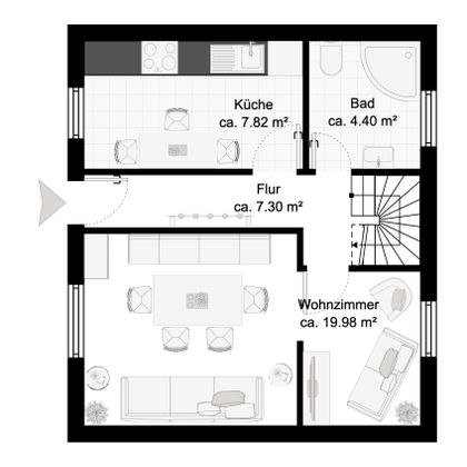 Eine Wohnungsgrundriss mit Küche, Bad, Flur und Wohnzimmer. Die Räume sind klar strukturiert und entsprechend ihrer Größe gekennzeichnet.
