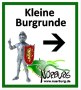 Schild mit der Aufschrift 'Kleine Burgrunde', einem Ritter mit Schild und einem Pfeil nach rechts. Unten steht 'Nürburg' mit einer stilisierten Landschaft., © TI Hocheifel-Nürburgring,D.Ketz