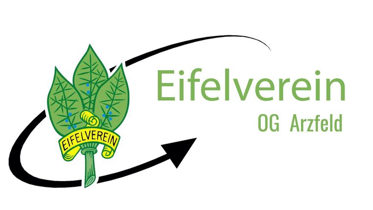 Logo des Eifelvereins OG Arzfeld mit einem grünen Blatt und einer stilisierten Darstellung. Der Schriftzug "Eifelverein" ist gut sichtbar.