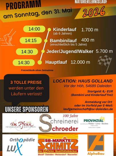 Ein Veranstaltungsplakat für einen Naturerlebnislauf im Irsental am 17. Mai 2025. Es zeigt verschiedene Laufkategorien für Kinder und Erwachsene sowie Informationen zur Anmeldung und Tombola.