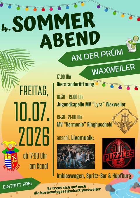Ein Plakat für eine Sommerveranstaltung in Waxweiler mit bunten Lichtern und einem festlichen Design. Das Event findet am 11. Juli 2025 statt und bietet Livemusik, Grillstand und Unterhaltung für Kinder.